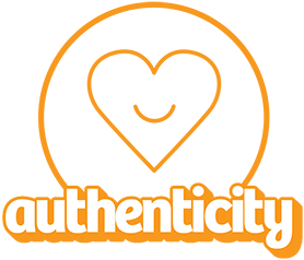 Smiling heart with the word 'authenticity' beneath it.