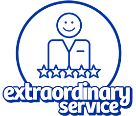 Smiling service representative with the words 'extraordinary service' beneath it.