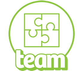 Interlocked puzzle pieces with the word 'team' beneath it.