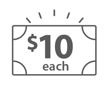 A dollar-like rectangle with '$10 each' on it.