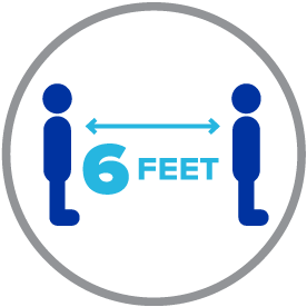 People standing away from eachother with the arrows and words signifying 6 feet apart.