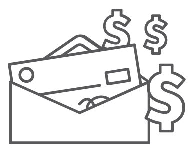 Check coming out of an envelope with dollar signs.