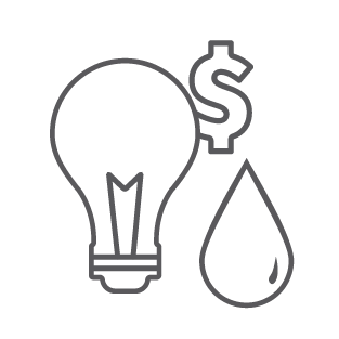 A light bulb, water drop, and a dollar sign.