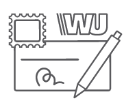 A pen, check, pen, stamp and Western Union initials.