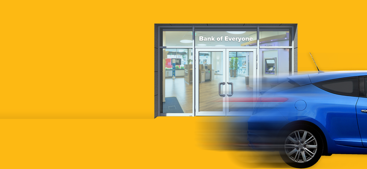 Blue car zooming past a bank, on a yellow background.