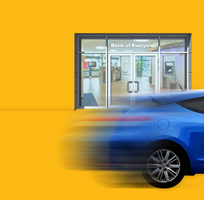 Blue car zooming past a bank, on a yellow background.