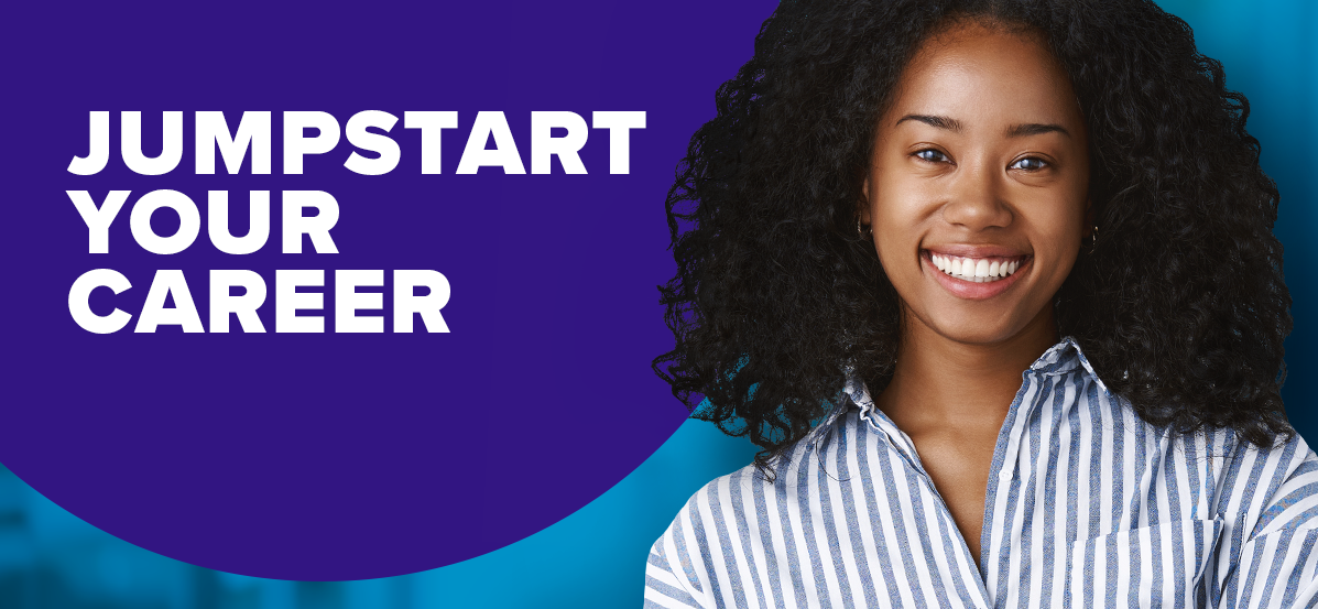 Smiling woman over blue background that says ‘Jumpstart Your Career.’