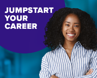 Smiling woman over blue background that says ‘Jumpstart Your Career.’
