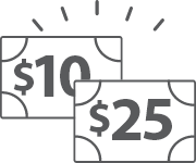 $25 dollar bill on top of a $10 dollar bill.