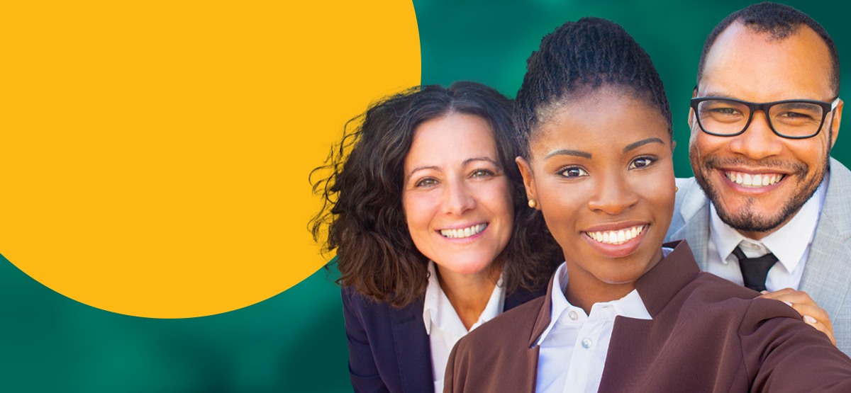 Three smiling adults over a blurred background next to a yellow bubble that says Our Core Values.