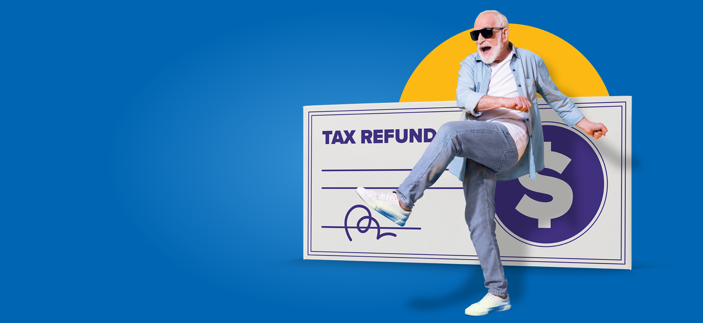 A man wearing sunglasses dancing in front of a large check.