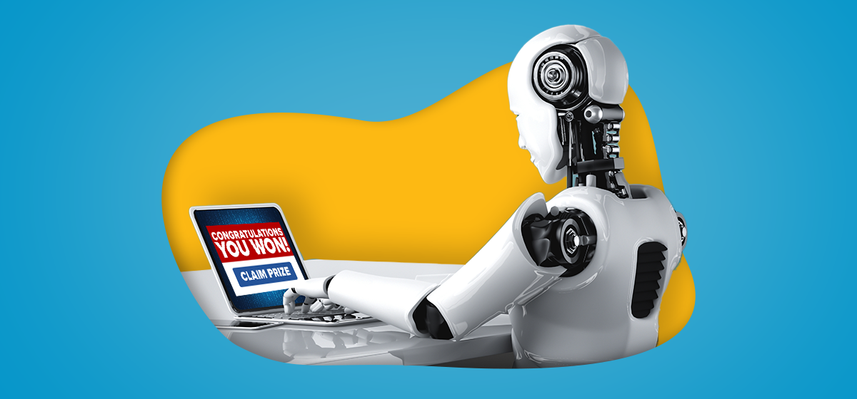 A robot typing on a laptop with 