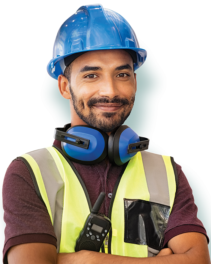 Smiling construction worker using Moneytree services for business check cashing services.