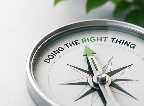 Silver compass with arrow pointing to text that reads - doing the right thing.