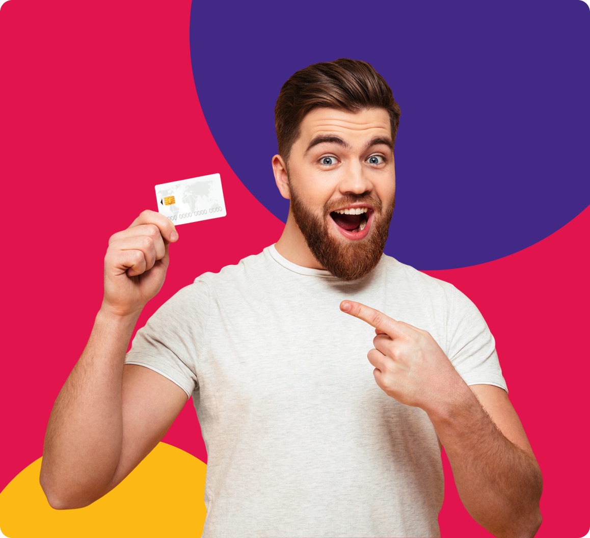 Excited Moneytree customer pointing to prepaid debit card.