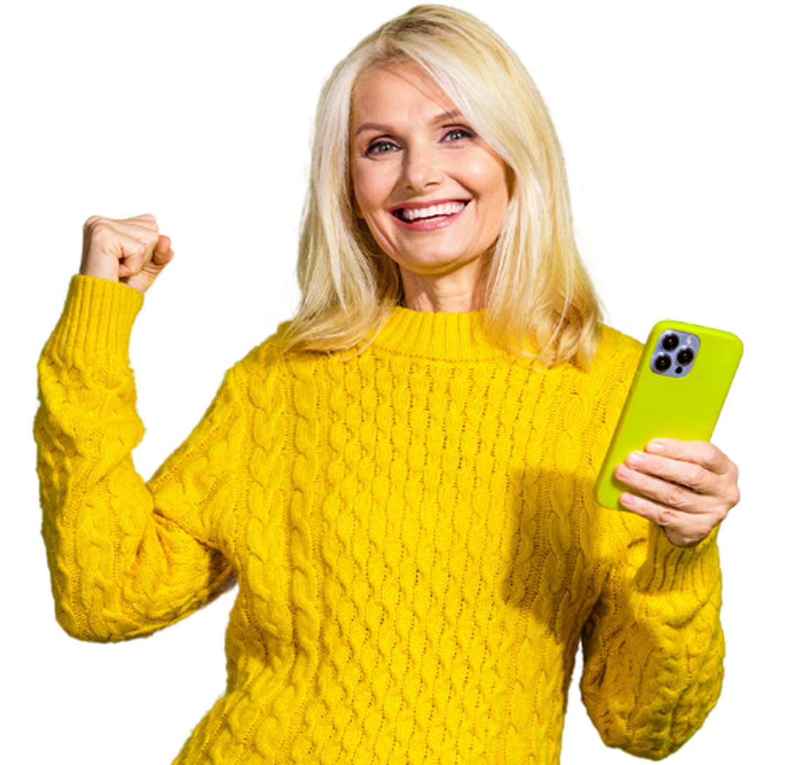 Excited customer using Moneytree on her phone for easy online loan access.