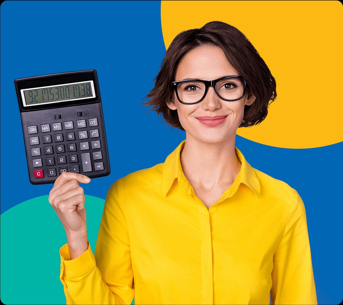 Smiling woman holding calculator.