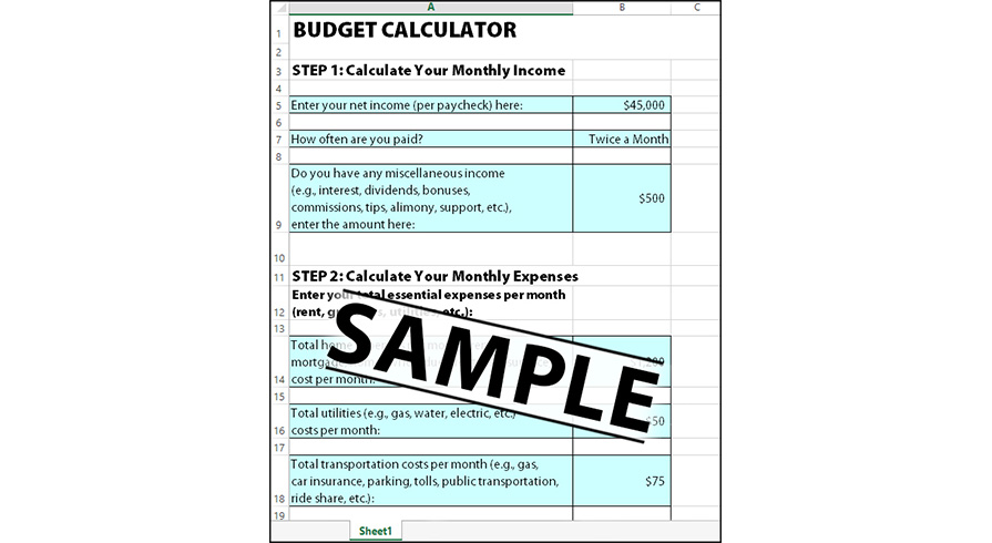 Budget calculator sample spreadsheet for tracking monthly income, essential expenses, and financial planning.