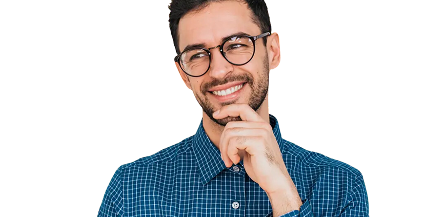 Smiling man in plaid shirt thinking, representing customer satisfaction with financial services like those from Moneytree.