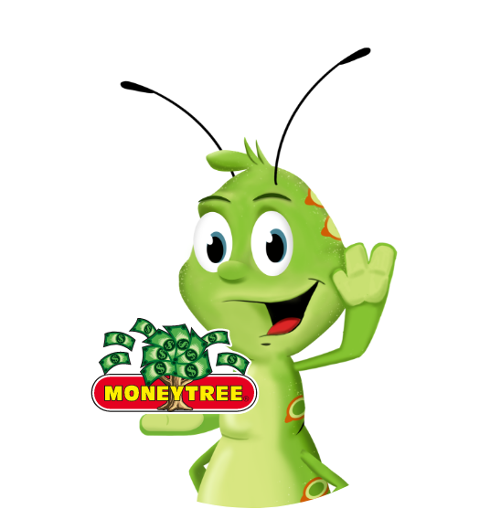 Moneytree caterpillar mascot holding a Moneytree logo and waving.