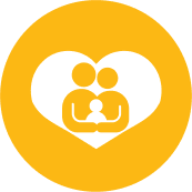 White family icon with two adults and one child inside a heart shape on a yellow circular background, symbolizing family care.