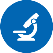 White microscope icon centered on a blue circular background, symbolizing science, research, or laboratory testing.