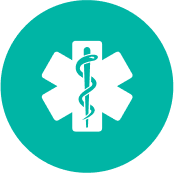 Medical symbol of a rod and snake over a white star of life on a teal circular background.