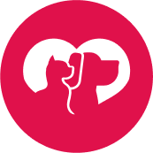 White silhouette of a cat and dog inside a heart on a red circular background, symbolizing pet care and love.