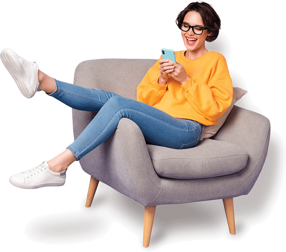 Woman relaxing while contacting Moneytree on a mobile phone.