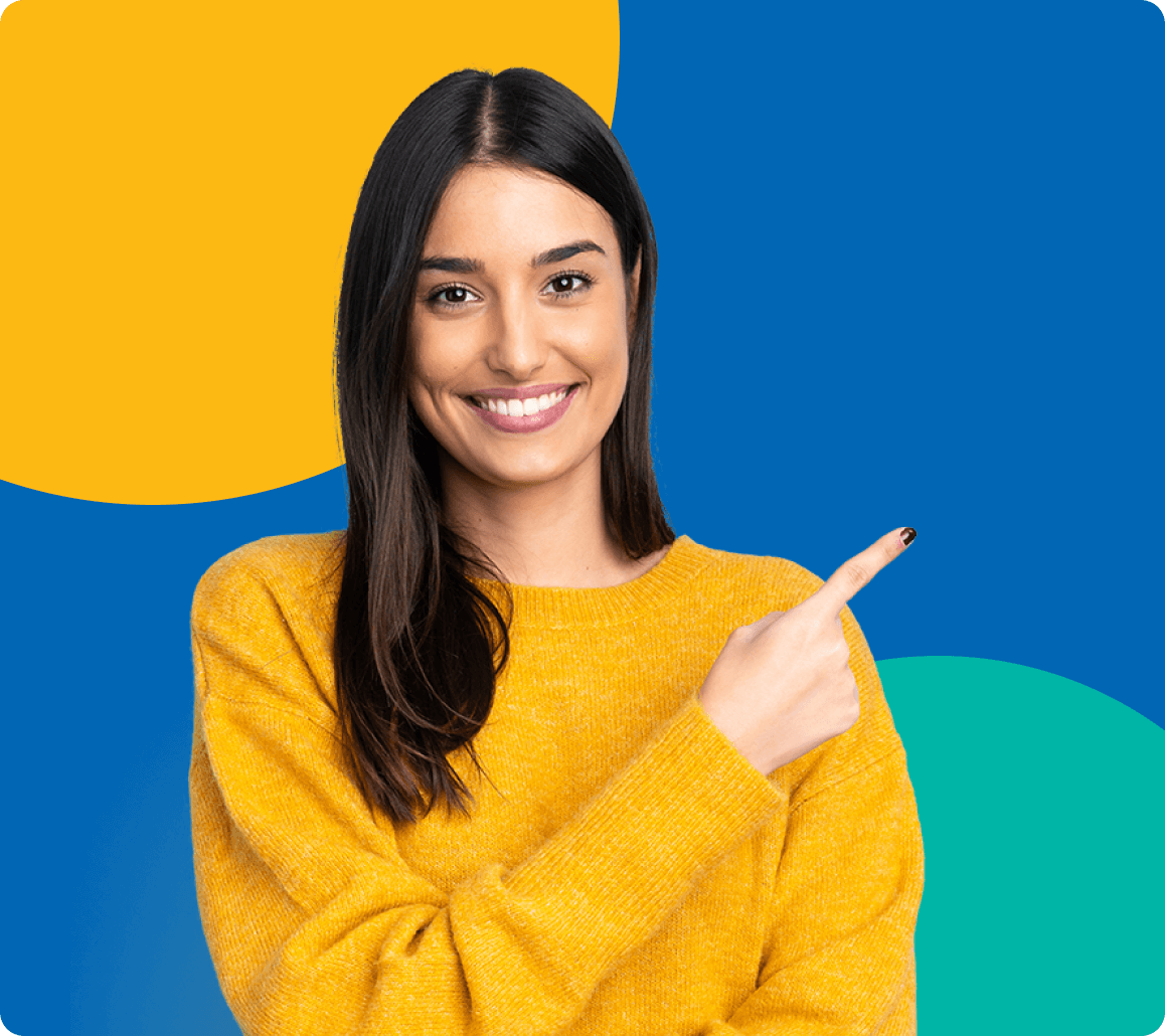Smiling Moneytree customer pointing to quick loan solutions.