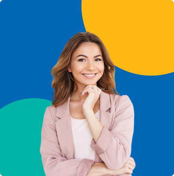 Smiling woman in front of colorful background.
