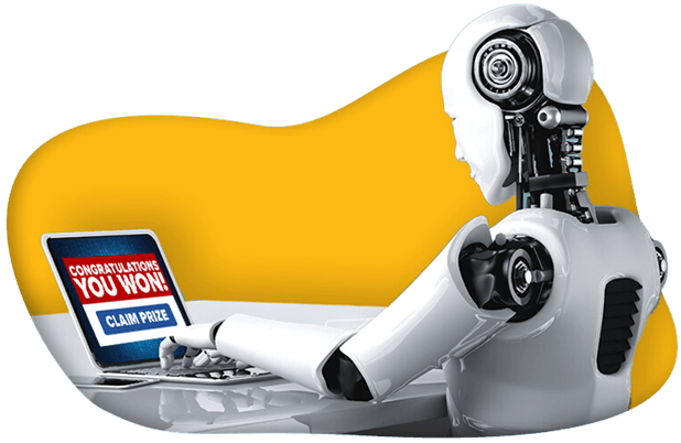 Robot with computer screen displaying a prize claim, symbolizing financial rewards and services.