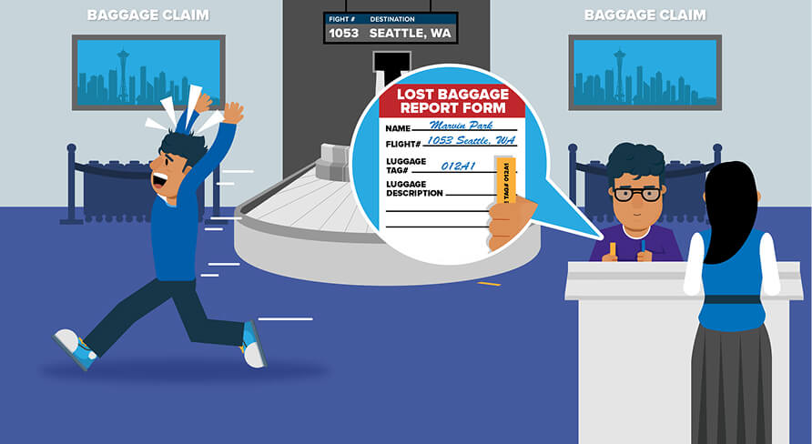 Lost baggage report at airport—cover emergency travel needs with fast cash from Moneytree.