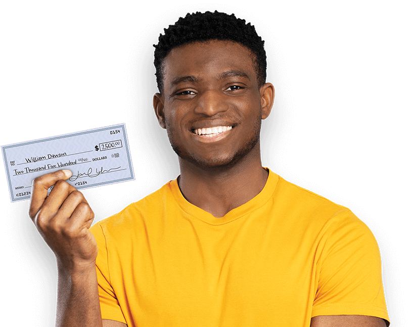 Happy Moneytree customer holding a check.