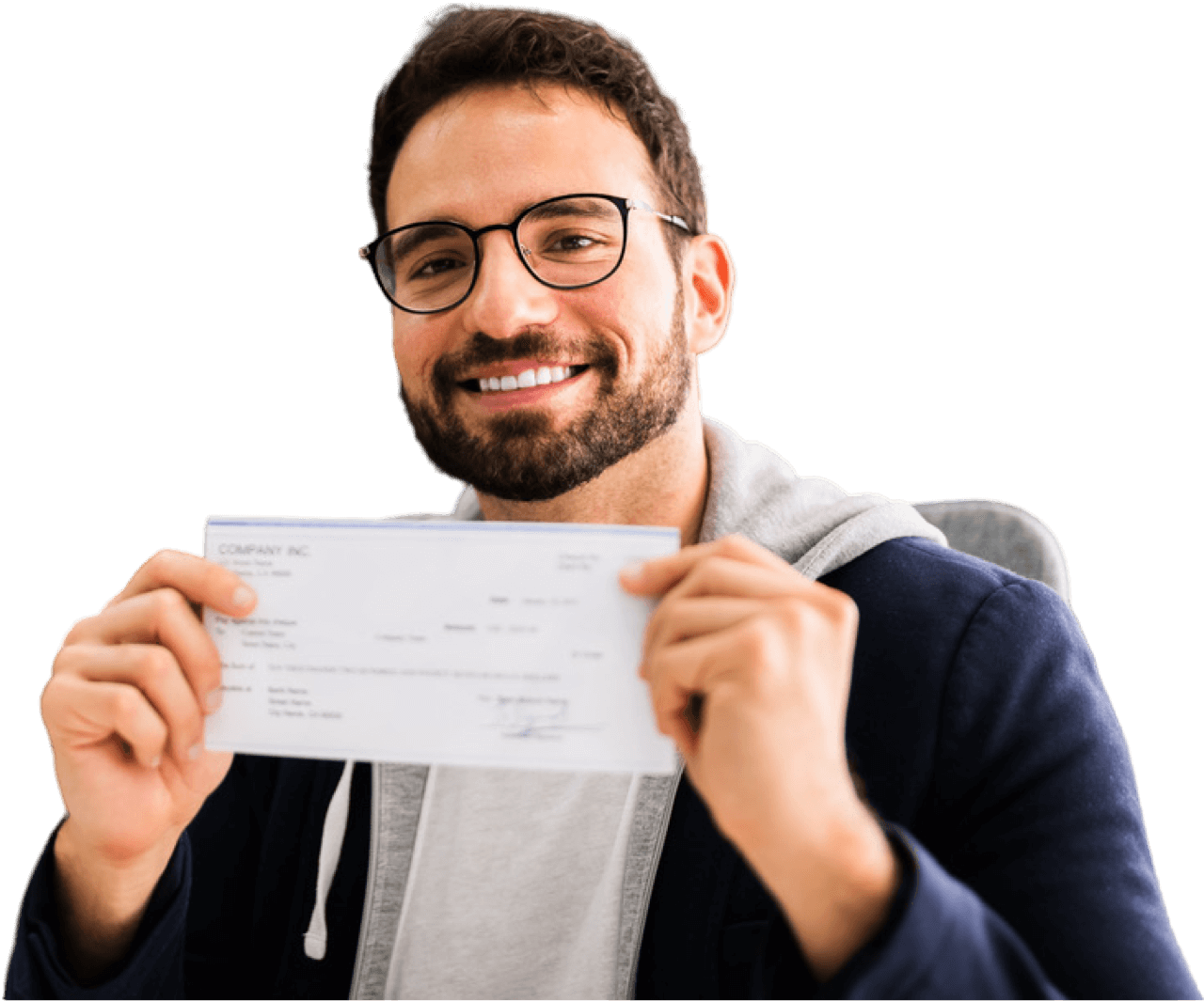 Smiling customer holding a check.
