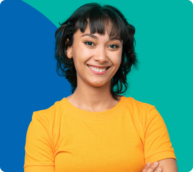 Smiling woman in orange shirt showing positivity and customer service for Moneytree's financial solutions.