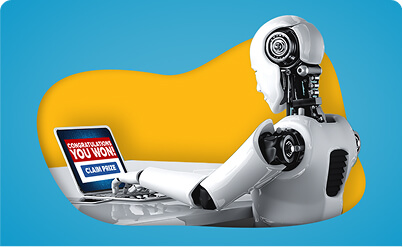 Robot with computer screen displaying a prize claim, symbolizing financial rewards and services.
