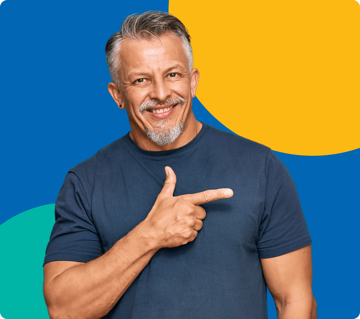 Smiling man pointing right, representing Moneytree’s friendly and professional financial services approach.