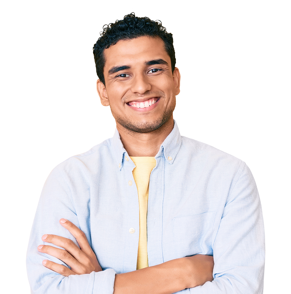 Smiling team member with arms crossed.