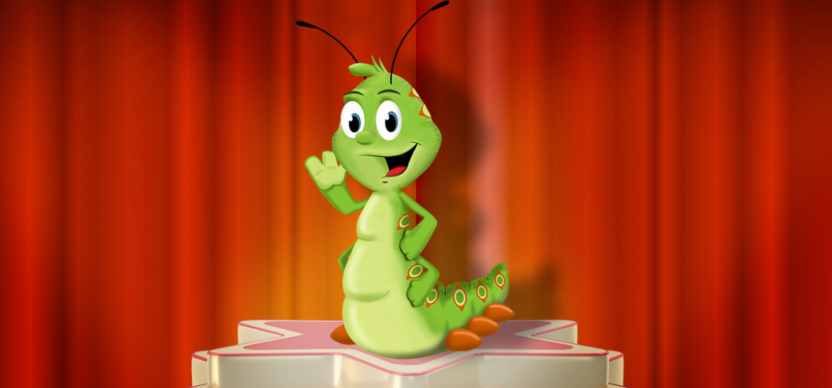 Moneytree green mascot waving on stage with star platform and red curtain backdrop.