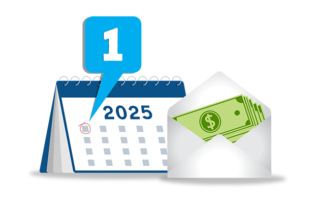 A 2025 calendar, date marker and cash in an envelope