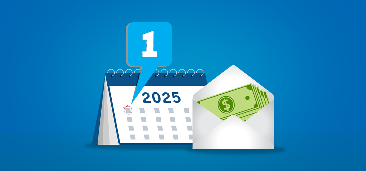 A 2025 calendar, date marker, and cash in an envelope on a blue background.