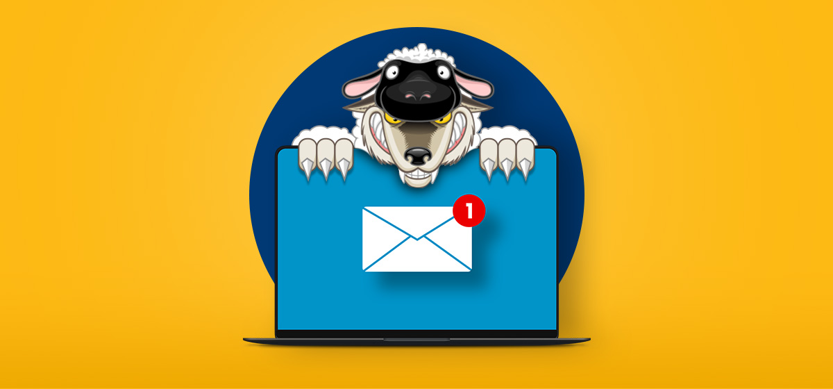 A wolf dressed in sheep's clothing lurking behind a laptop with an email notification.