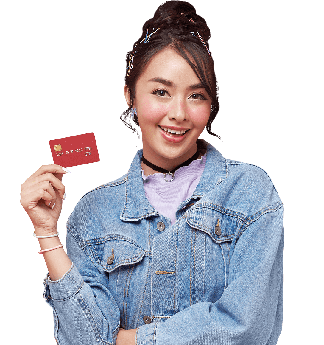 Smiling customer holding prepaid debit card .