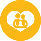 White family icon with two adults and one child inside a heart shape on a yellow circular background, symbolizing family care.