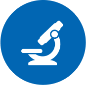 White microscope icon centered on a blue circular background, symbolizing science, research, or laboratory testing.