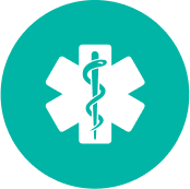 Medical symbol of a rod and snake over a white star of life on a teal circular background.