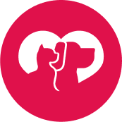 White silhouette of a cat and dog inside a heart on a red circular background, symbolizing pet care and love.