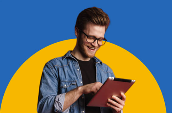 Young man managing personal finances using tablet.